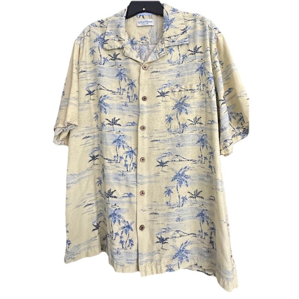Caribbean Silk Blend Mens Hawaiian Tropical Print Button Up Shirt Sz L Resort